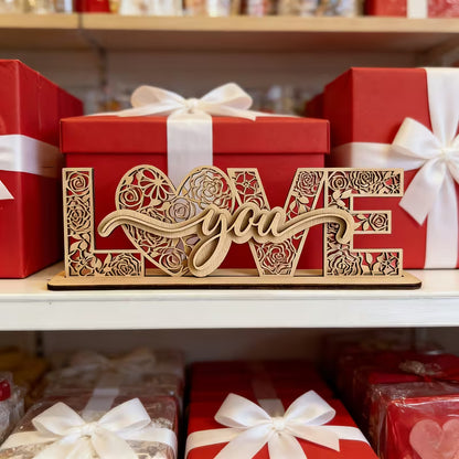 "Love You" Laser-Cut Floral Wooden Sign