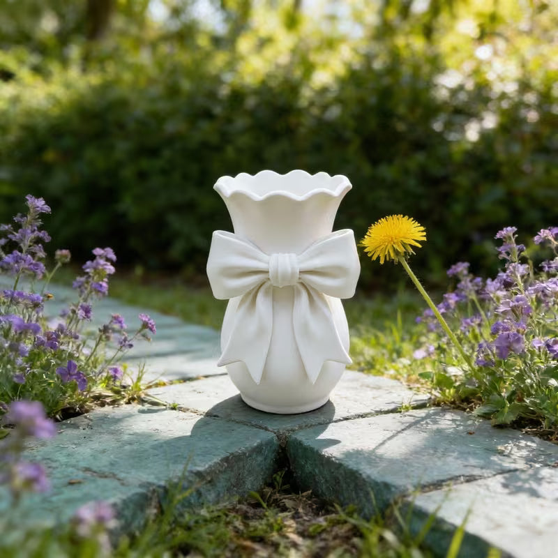Decorative White Plastic Vase with Sculpted Bow Detail